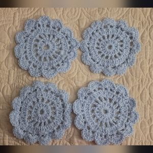 Handmade Baby Blue Flower Crochet Coasters- 4 Piece Set